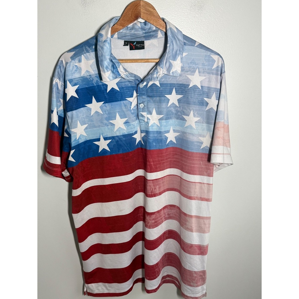 Yatta Golf Men XL Polo Shirt American Flag Star Stripes Patriotic Red White Blue